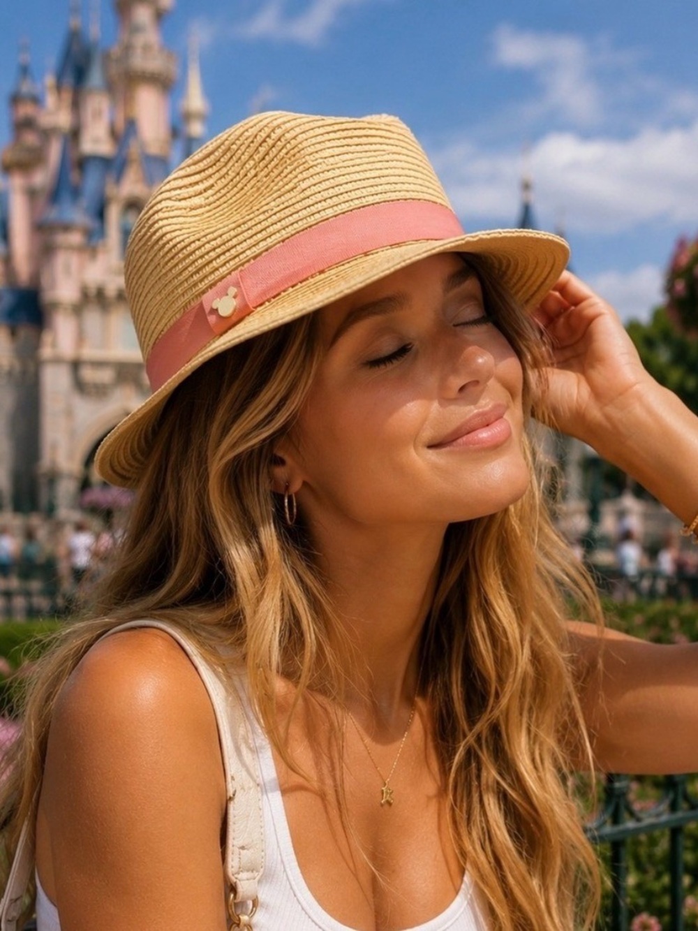 Disney Straw Fedora Hat with Pink Band Mickey Logo Adult OSFM